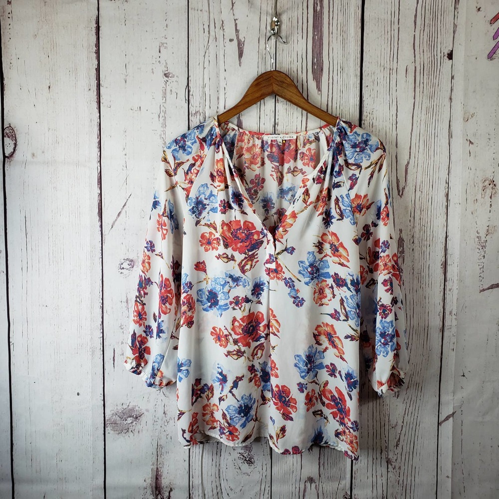 Violet & Claire Henley Blouse Womens Size Medium Floral Sheer Long Sleeve White